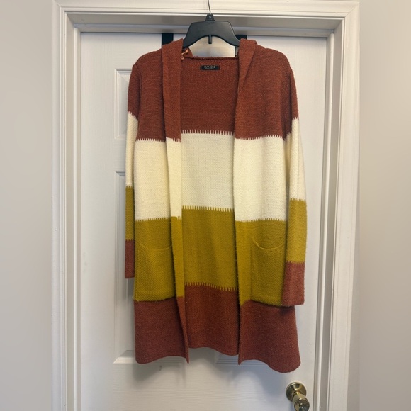 Piano C Women’s Color Block Hooded Cardigan Size M Made In Italy Brown White - Picture 1 of 6